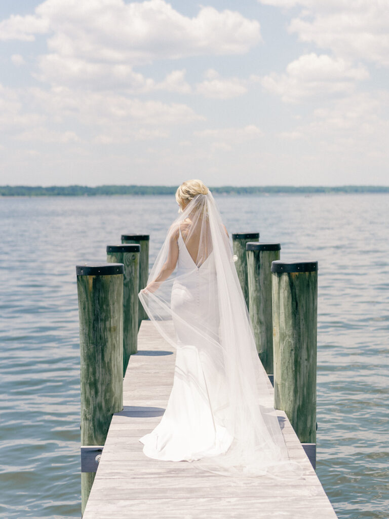 A breathtaking view of the lakefront wedding ceremony at a private estate in Maryland, with the happy couple and their guests celebrating in a beautiful natural setting.