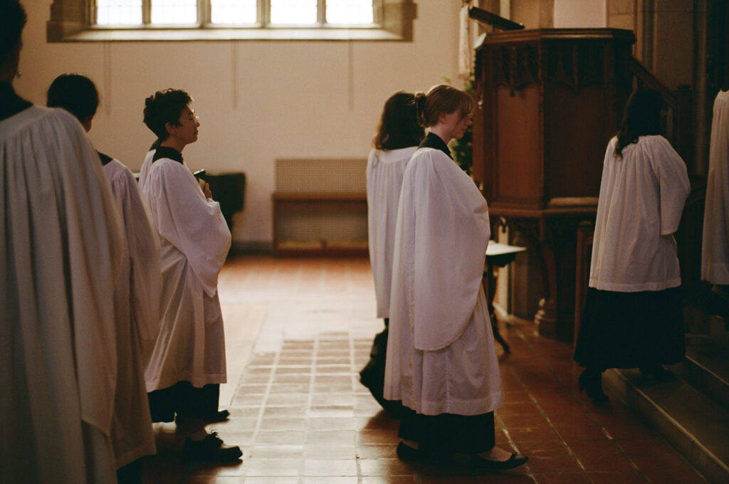 choir members preparing inside church at Connecticut wedding