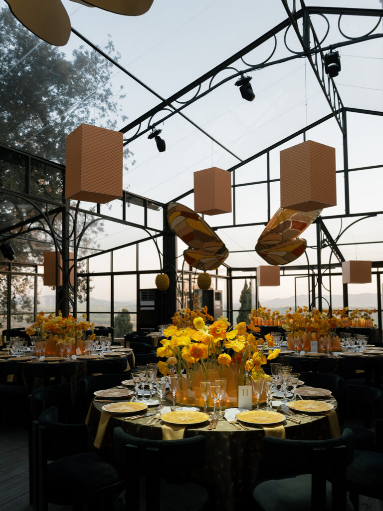 Reception space with honeycomb design elements at Engage Summit Tuscany