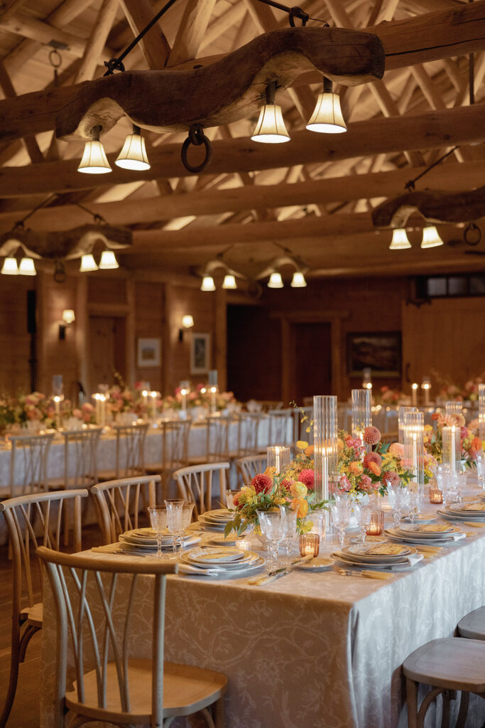 reception setup with long tables at Mountain Sky Guest Ranch Montana