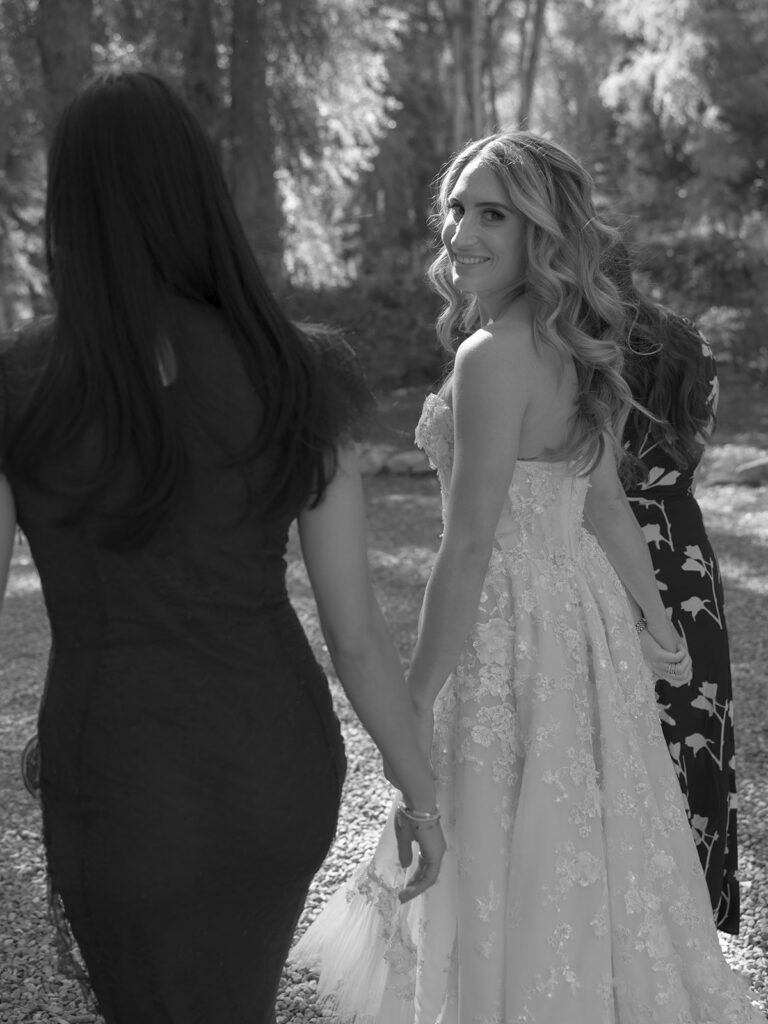 bride looking back portrait in Aspen Colorado wedding