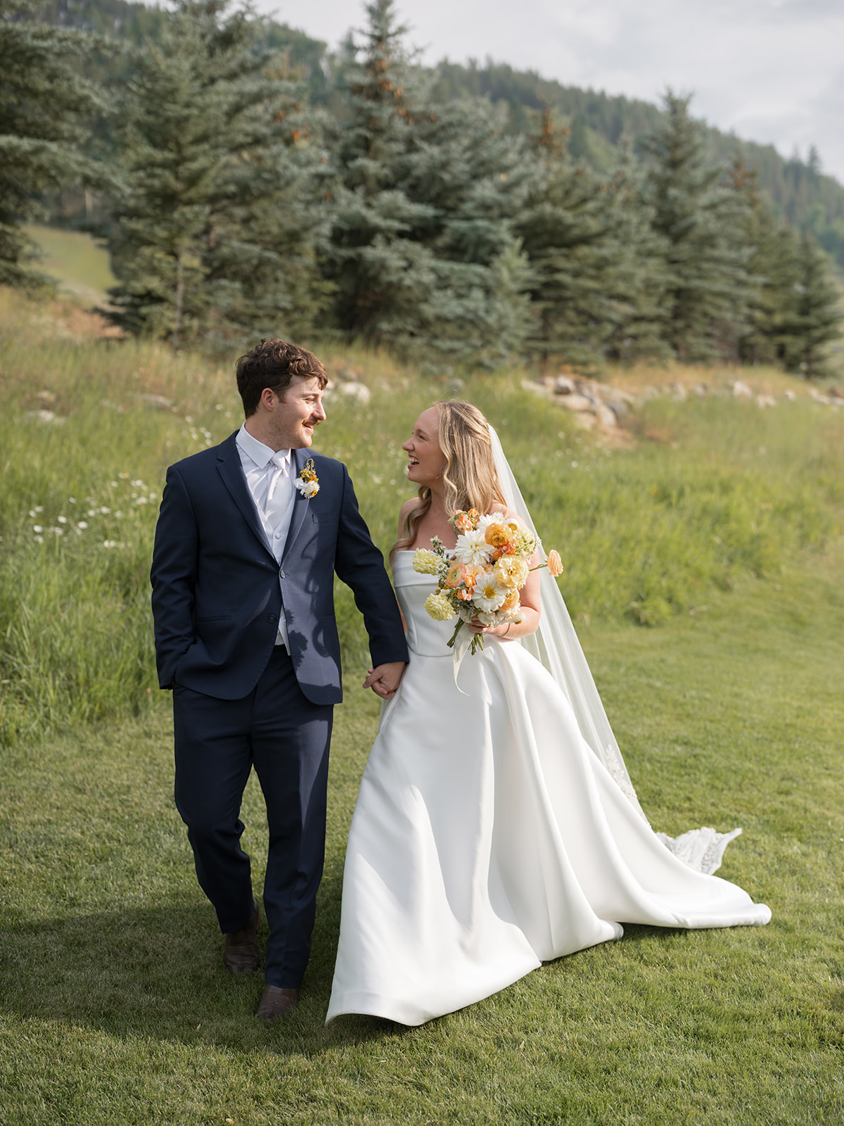 bride and groom smiling portrait at Beaver Creek Colorado wedding