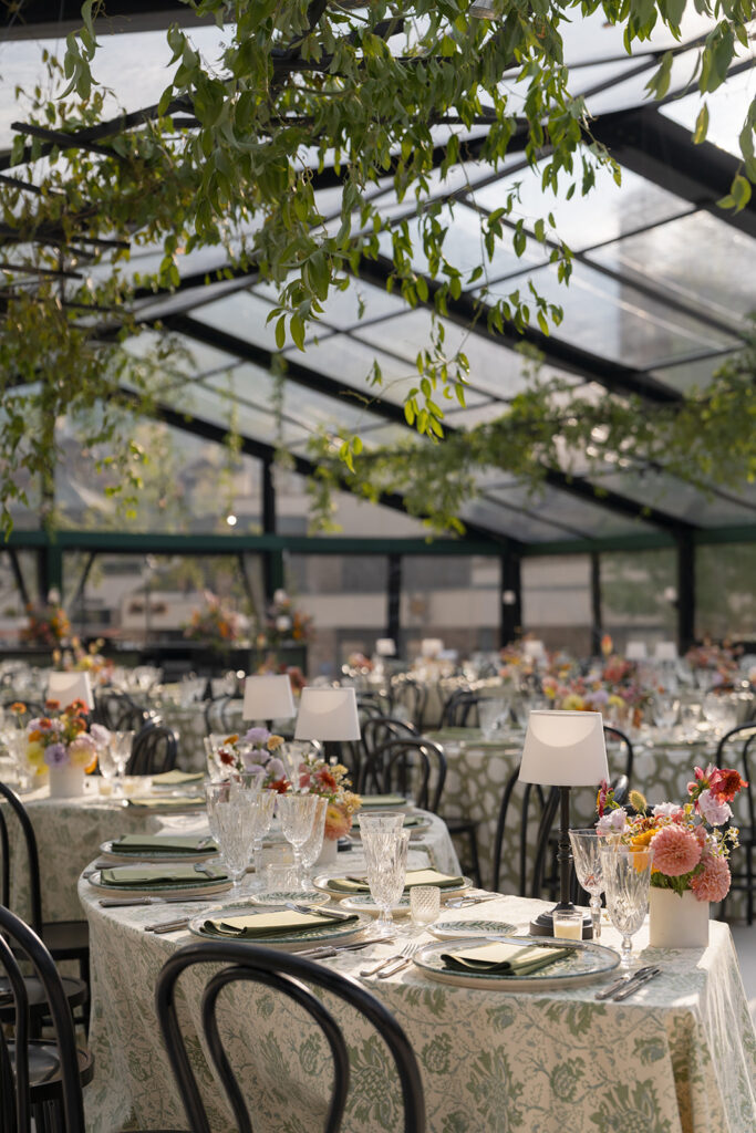 table design with green linens and florals at Beaver Creek wedding