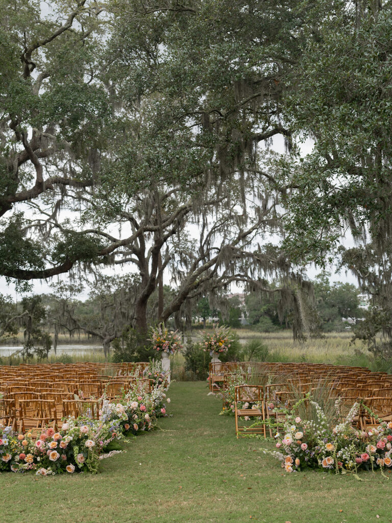 outdoor ceremony under oak trees at Dunlin Auberge Charleston wedding