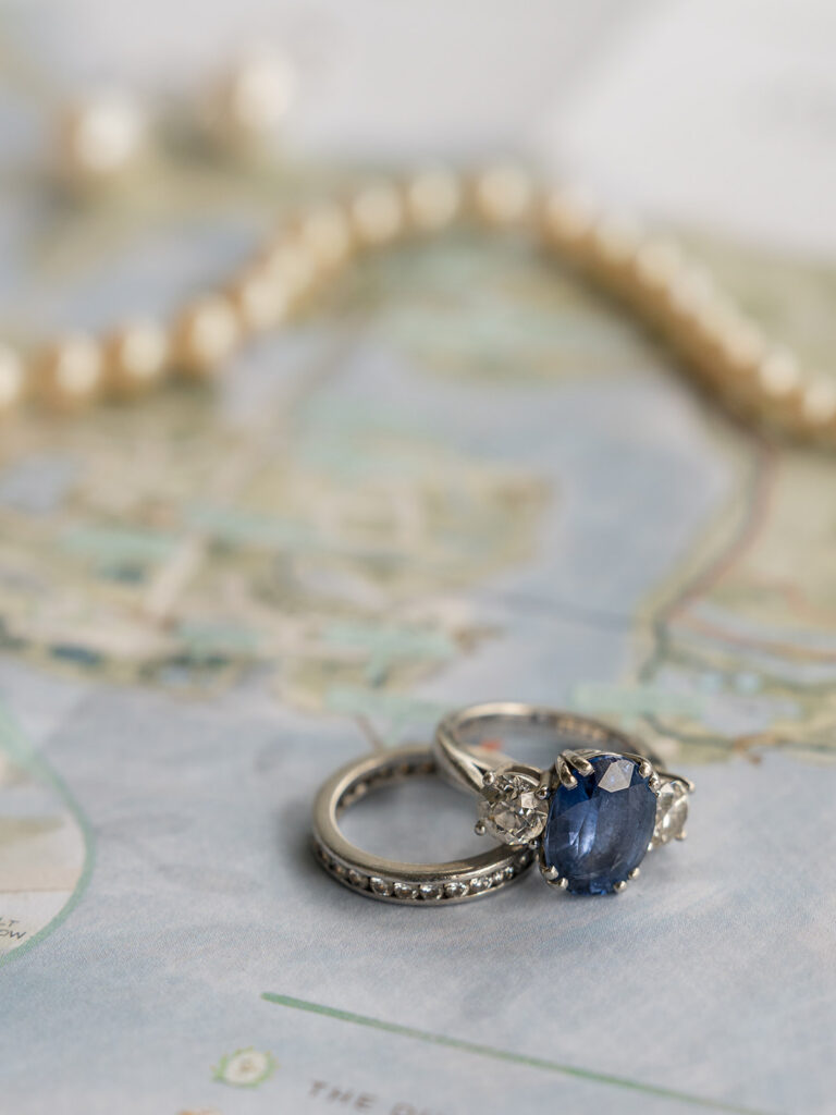 sapphire blue engagement ring on wedding day