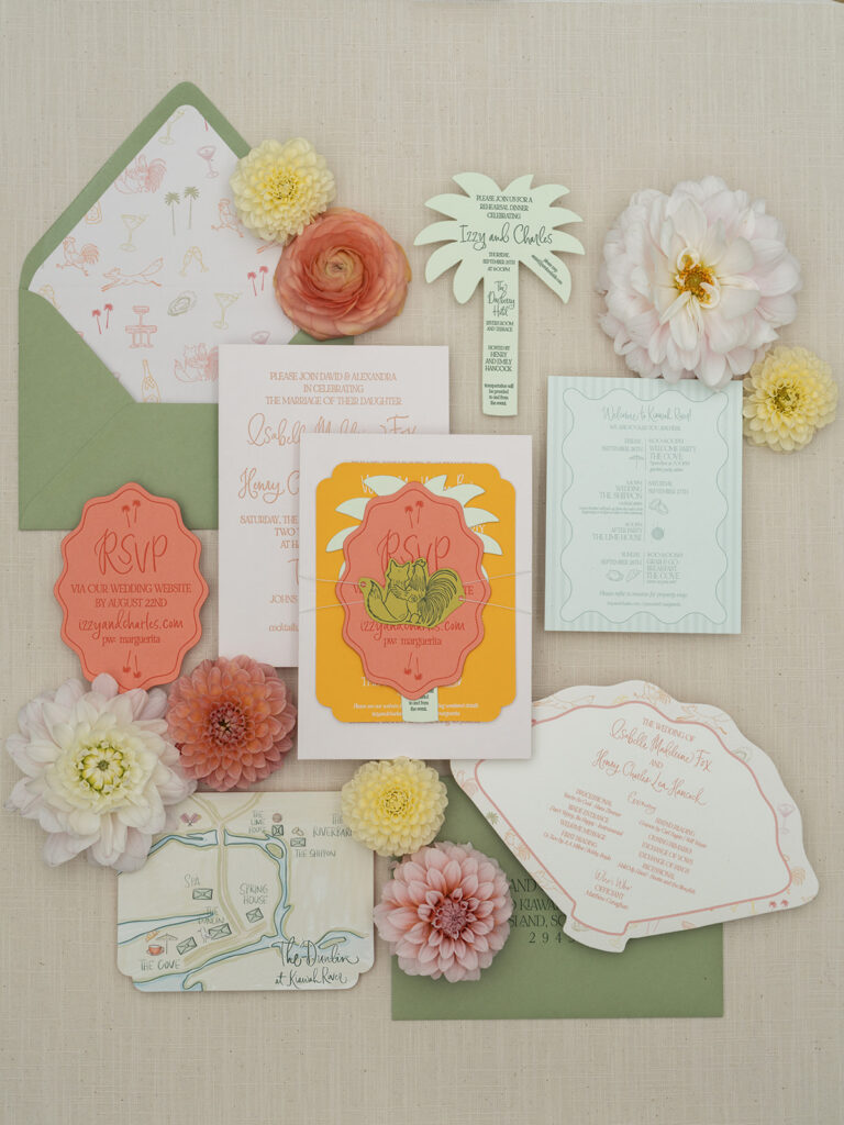 invitation suite with pastel flowers at Charleston wedding