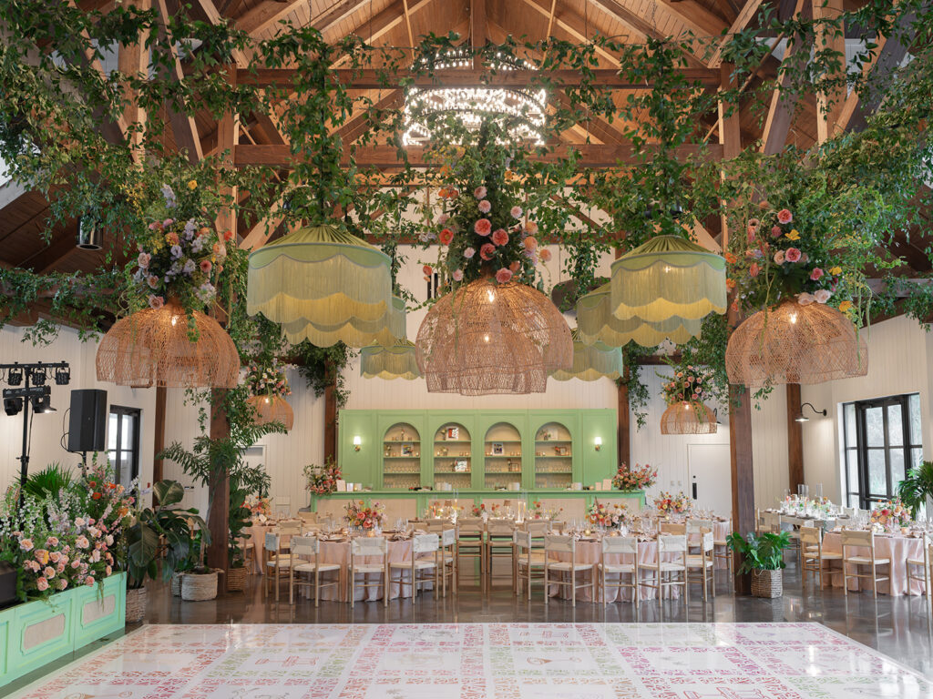reception space with woven lights at Dunlin Auberge