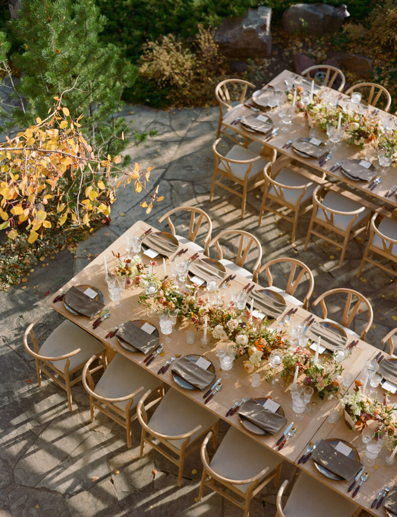 Outdoor reception tables at Aspen private residence wedding