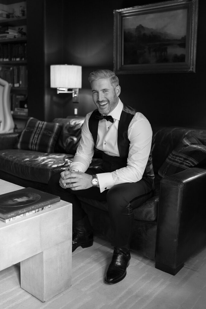 Groom portrait in black tie at Aspen wedding