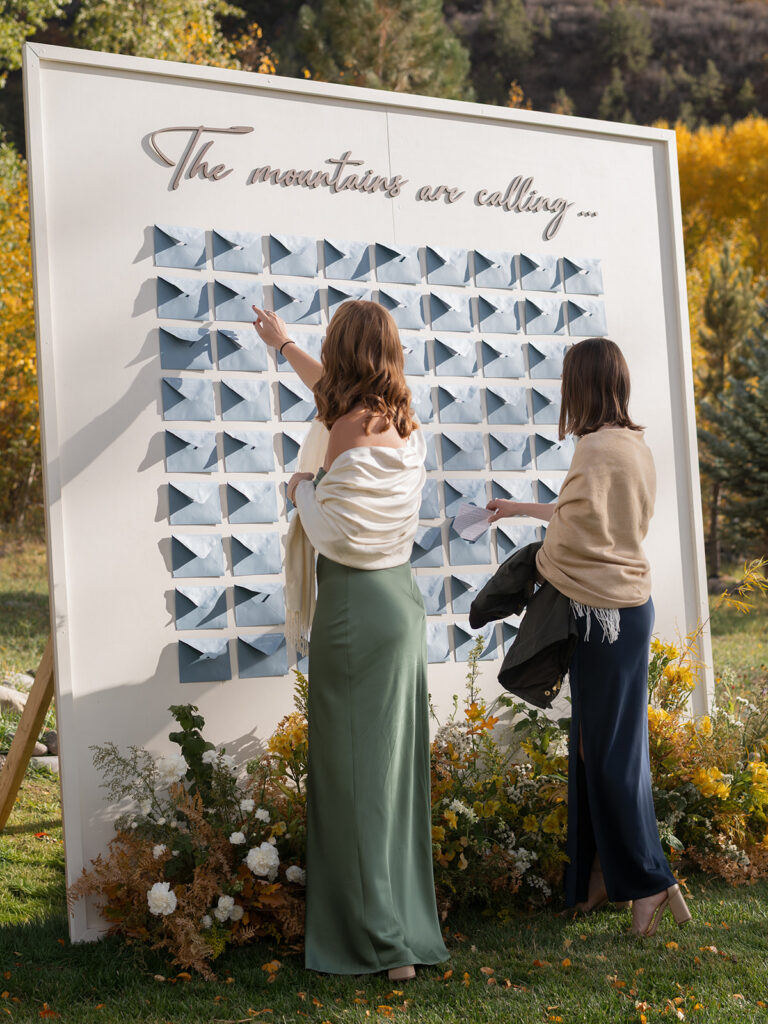 guests finding seats at wedding seating chart in Aspen