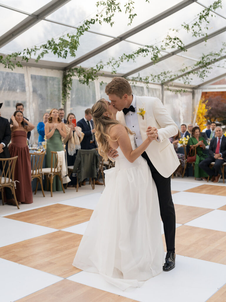couple first dance in tent at Aspen wedding