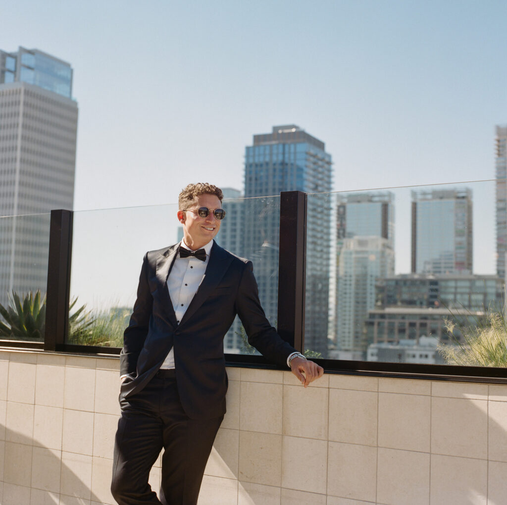 groom portrait with skyline at downtown Los Angeles wedding
