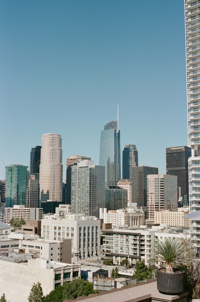 Los Angeles skyline view from rooftop wedding location